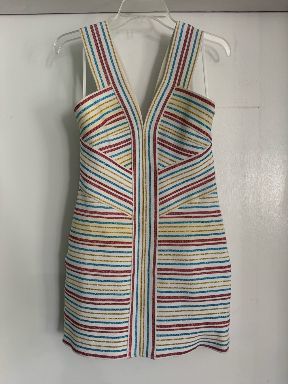 WOW Couture Bodycon Dress Rainbow glitter Stripe Crossover Bodice Back Zipper